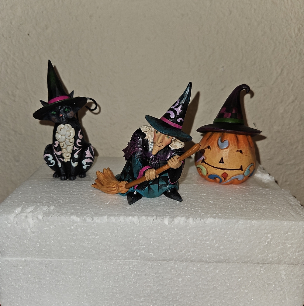 Jim Shore Mini Halloween Pumpkin/Cat/Witch Figurine Set - Picture 2 of 11
